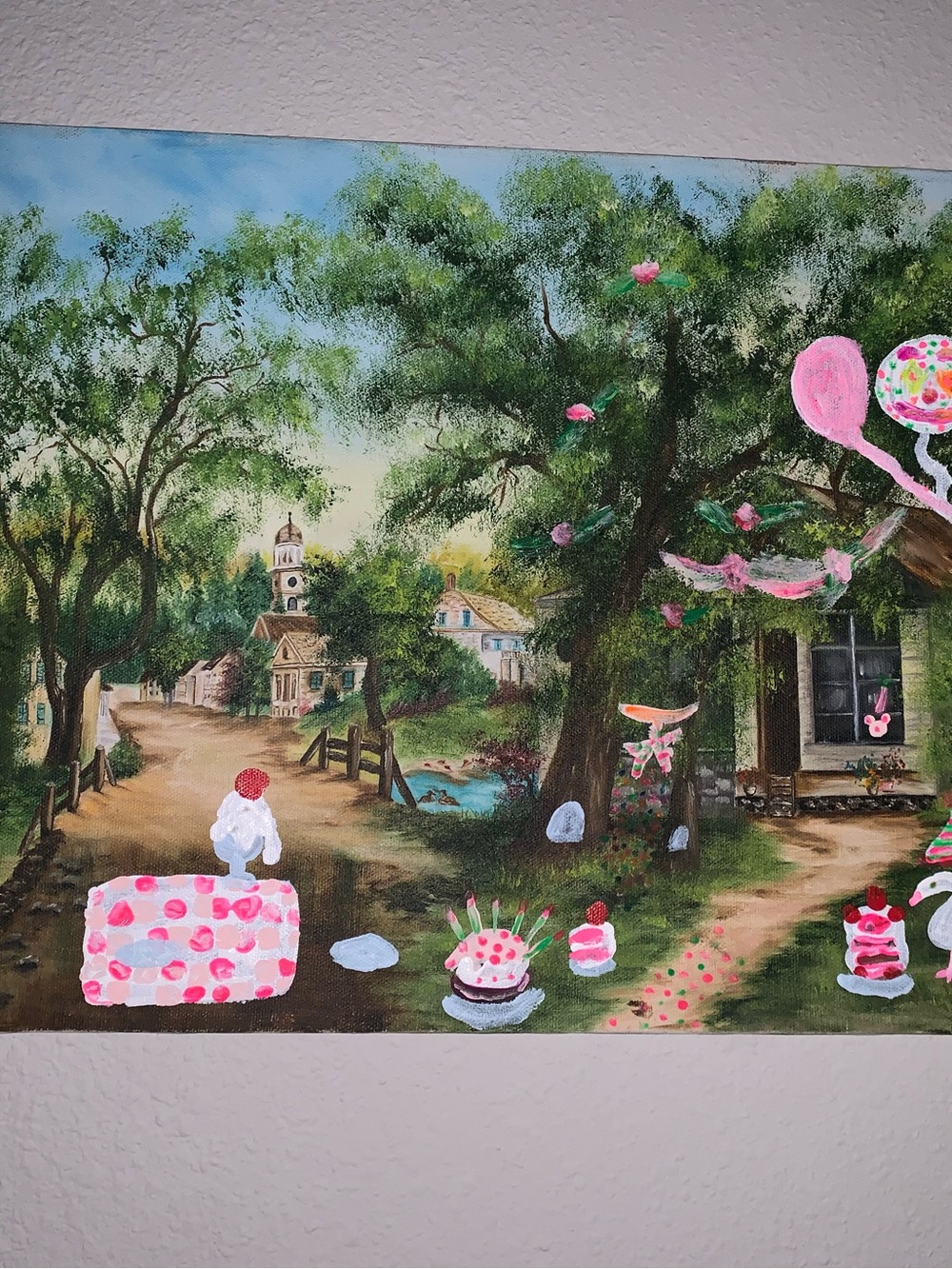 Hand-Painted Pink Accent Village Wall Art - Unbranded